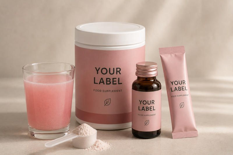 A styled product shot of a pink supplement kit with a large tub, a small amber bottle, a pink sachet, a glass of pink liquid, a scoop, and loose powder on a beige background.