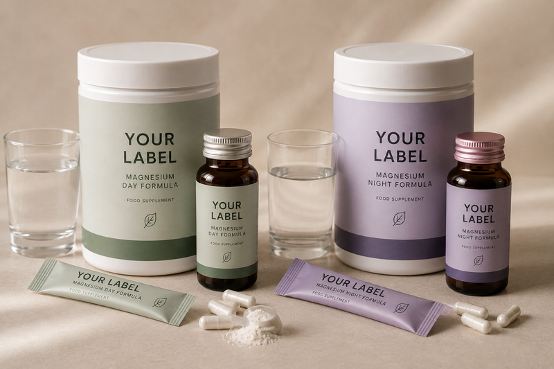 Two supplement containers labeled YOUR LABEL, one with a sage green label and one with a lavender-purple label, each accompanied by a small dark bottle, a glass of water, and a single sachet, arranged on a beige surface with loose capsules in front.